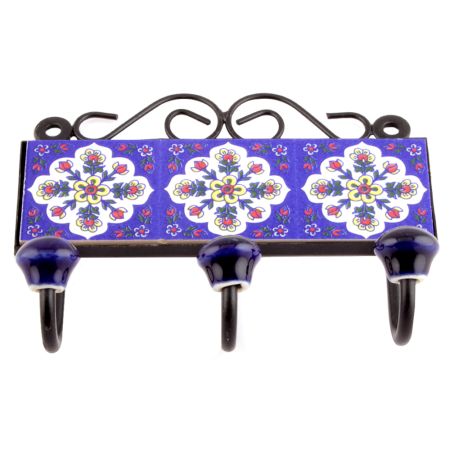 Navy Blue And White Floral Tiles Hooks